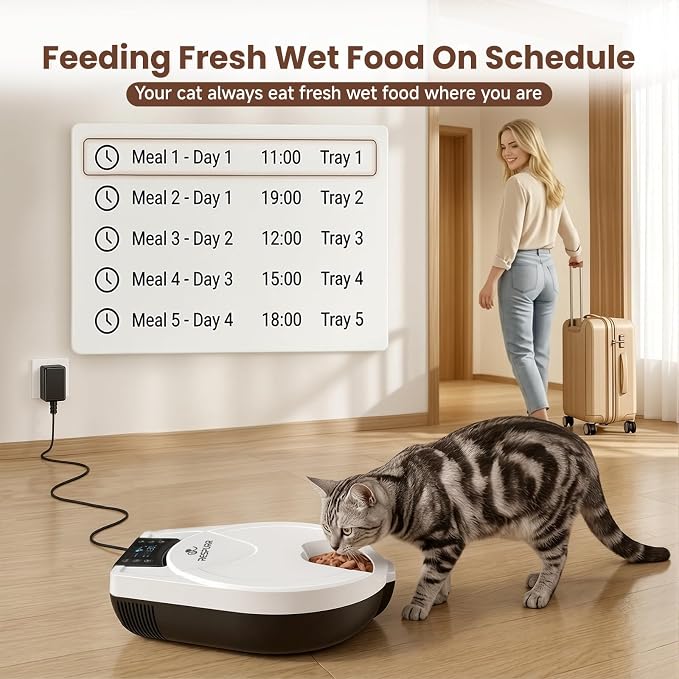 Automatic Cat Feeder Wet Food, Semiconductor Cooling & Heating 3 Days Fresh | 5 Meals Timed Cat Feeder with Stainless Steel Bowl, Easy to Clean, Programmable Wet Food Dispenser for Cat Dog