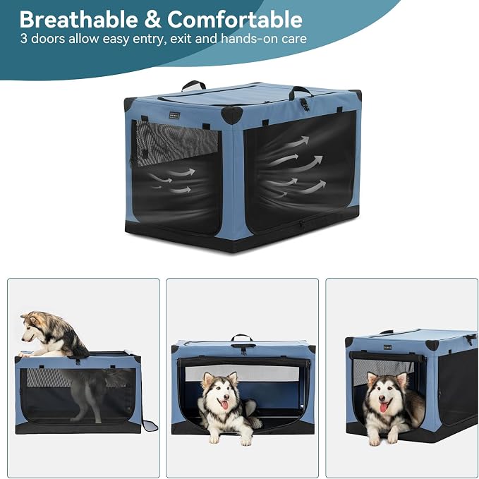 PETSFIT 40" Soft Portable Dog Crate – Patented Spiral Sturdy Frame, Collapsible Travel Kennel for Large Dogs, 3 Mesh Door, Lockable Zippers, Indoor & Car Use Blue