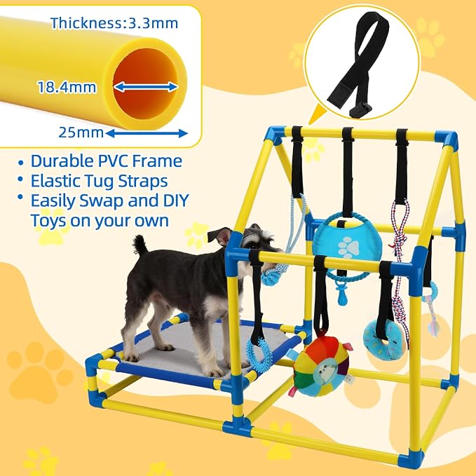 Puppy Play Gym Activity Center, Dog Indoor Jungle Gym with 8 Toys | 8 Hanging Enrichment Toys for Busy Play, Soft Mat for Rest, Non-Slip Feet, PVC Frame, Adjustable Straps, Cats and Small Pets