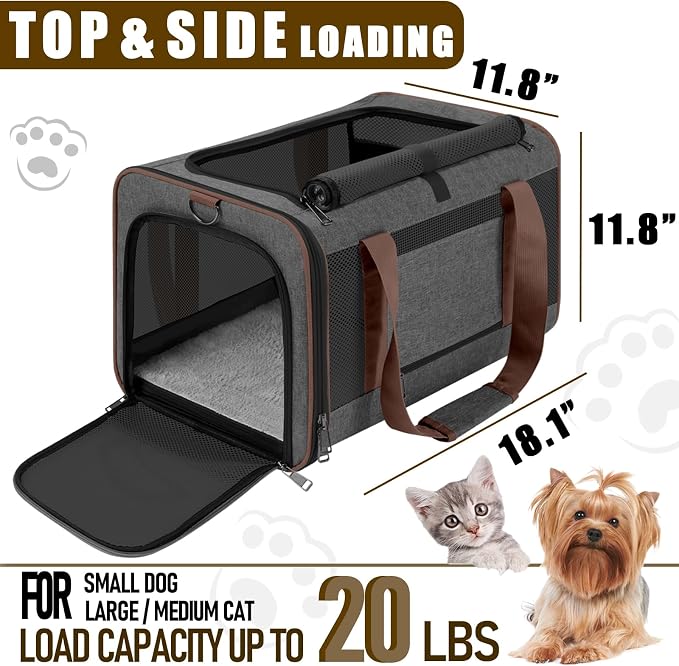 GAPZER Large Cat Carrier Soft, Collapsible Travel Pet Carry Bag, Small Dogs | Large Kitty Cat 20 lbs Maine Coon, Top Load Transport Small Puppy Dog Kennel, Yorkie Little Dog 10lbs, Ventilation Brown