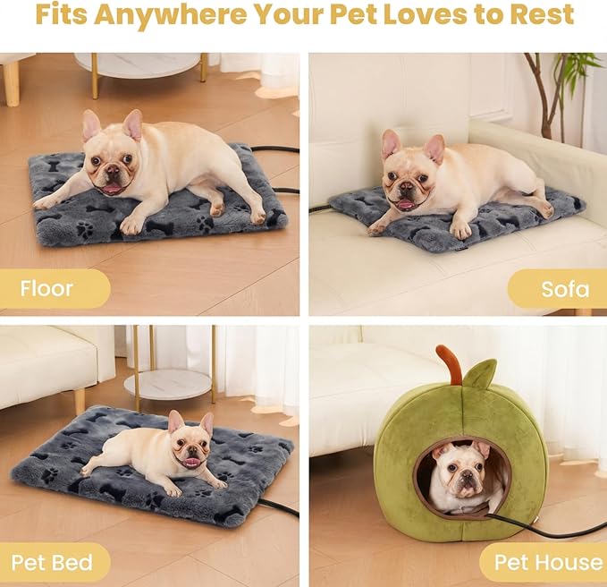 Pet Heating Pad for Cats Dogs Indoor & Sheltered Outdoor Waterproof Heated Cat Bed Heated Dog Bed Chew Resistant Cord Constant Temperature Gray Paw Print 20 x 16 Inch
