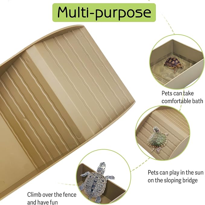 kathson Tortoise Water Dish with Ramp and Basking Platform, Reptile Water Bowl Turtle Soaking Tub Hermit Crab Bathing Pool for Amphibians Habitat Accessories (Brown)