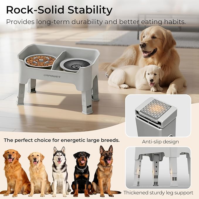 URPOWER Mess Proof Elevated Dog Bowls 4 Height Adjustable Raised Stand | No Spill Water Bowl, Slow Feeder Dog Bowls, Non-Slip Food and Water Bowl Set for Small, Medium & Large Dogs