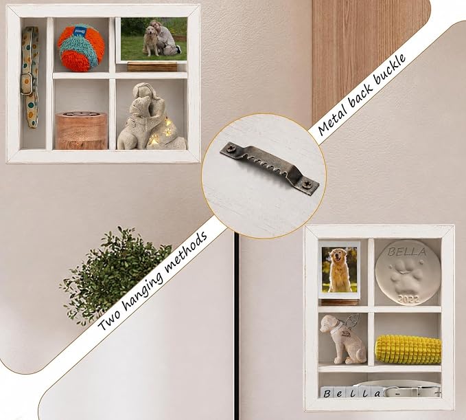 12x16 Inch Solid Wood Pet Memorial Shadow Box Frame with Shelves | Large Deep Display Case Memory Box for Dog & Cat Paw Print Urn Keepsake , Pet Remembrance Sympathy Gift - Distressed White