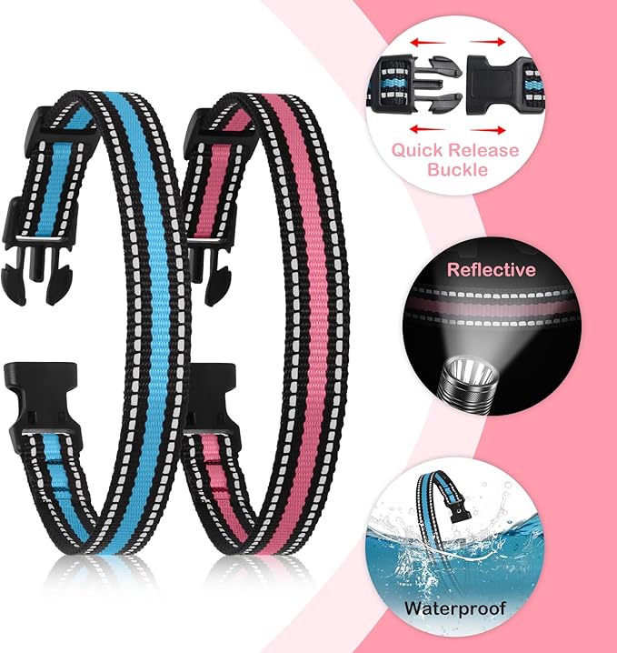 Replacement Collar Strap Fits Dog Training Collar Receiver, Shock Collar & Bark Collar Receiver, Durable Reflective Dog Collar, 2 Pack, Pink & Blue