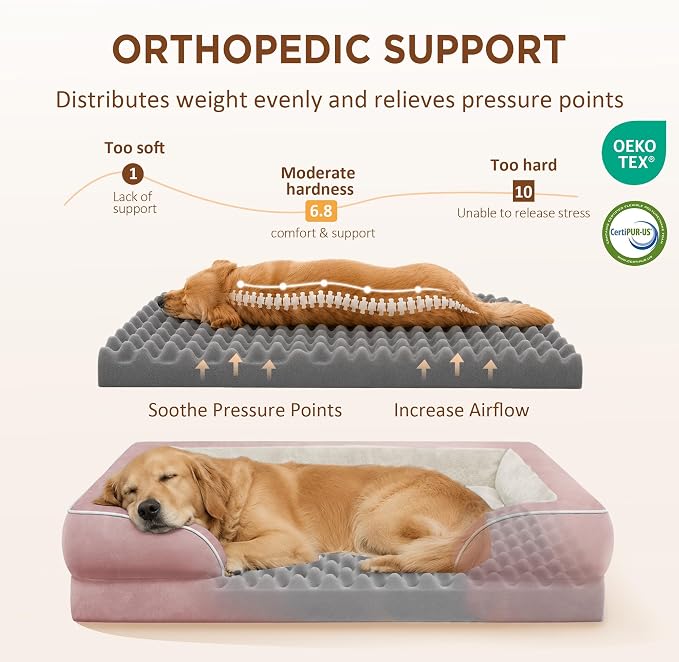 Comfort Expression Orthopedic Dog Bed for Extra Large Dogs 53x42 Inch, Waterproof Supportive Egg Crate Foam XXL Pet Bed with Removable Bolsters, Dog Couch with Washable Cover & Non-Slip Bottom, Pink | Waterproof Dog Couch Bed with Washable Cover & Non-...