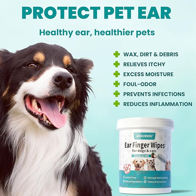 MEDUWEDU Ear Cleaner Finger Wipes 60 Counts, Dog Ear Cleaner, Grooming Kit Care for Dogs and Cats, Soft & Easy Otic Cleaning Pads, Remove Wax, Dirt & Stop Smelly, Itchy, Non-Irritating, Unscented