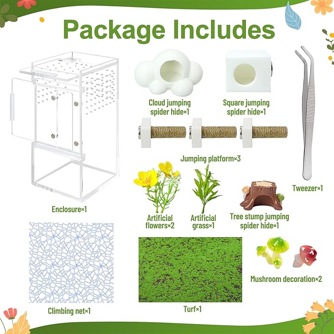 Jumping Spider Enclosure,DIY Insects Habitat,Small Reptile Terrarium Glass House Accessories Set,with Jumping Platform Hide Climbing Net(Green 2)