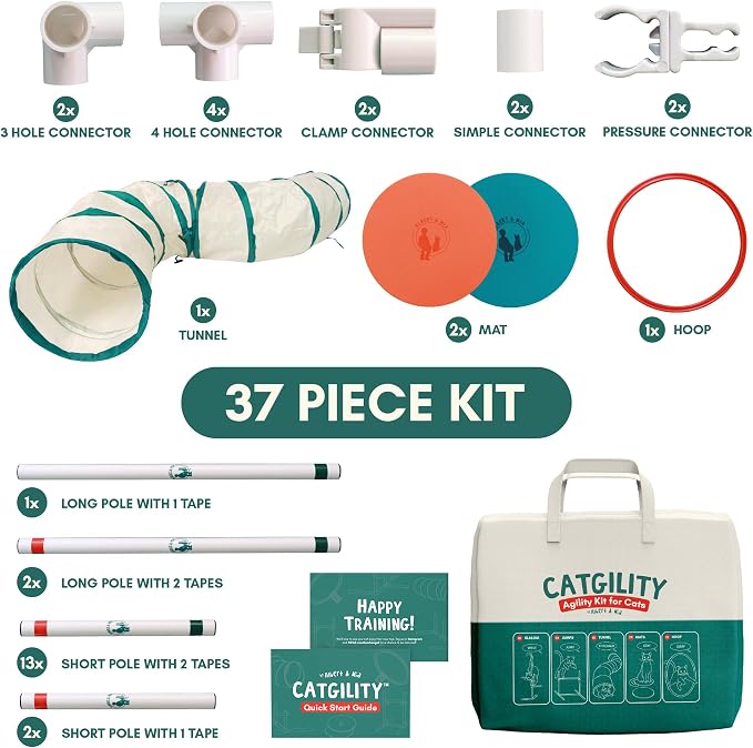 ALBERT & MIA Catgility™ Cat Agility Equipment, Hurdles, Poles, Hoop & Tunnel | Indoor obstacle course training for kittens and small dogs, jumping exercise and enrichment, clicker trainer guide included