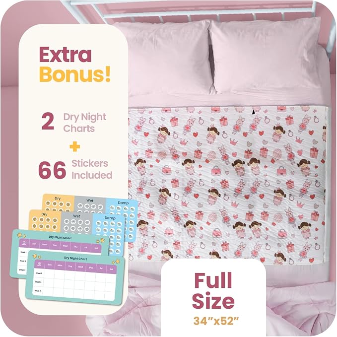 IMPROVIA® Pee Pads for Kids - Bed wetting Pads for Kids Potty Training Bed mats for Toddlers Waterproof Reuseable Washable Absorbent, Non Slip - Doll Design - Full Size 34"x52"