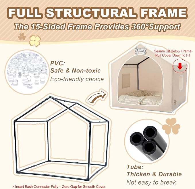 Indoor Dog House with Frame,Cute Dog Tent Bed with Cover Cave,Beige | Breathable,Washable,and Foldable House, Suitable for 22-40 Lb, Large (25"×25"×25"),Inside Dog House