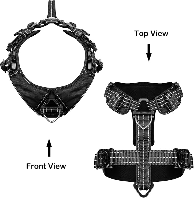 ICEFANG Dog Halter Harness with Metal Buckles,Dog Strap Vest for Large Dogs | Control Handle,Summer-Cooling,Reflective,Front Hook,Adjustable,Soft Padded,No Pull,Black,Large
