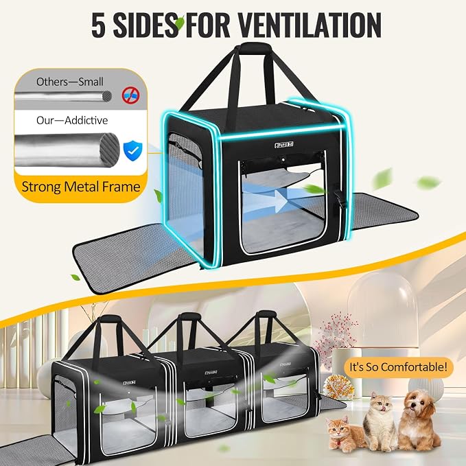 Combinable Pet Car Travel Carrier for a Large Cat/Medium Dog | 18"Lx17"Wx17"H, Small Pet Soft Carriers, Food Bag & Bowl Included, Lockable Safety Zippers, For Car Travel, Vet, Camping