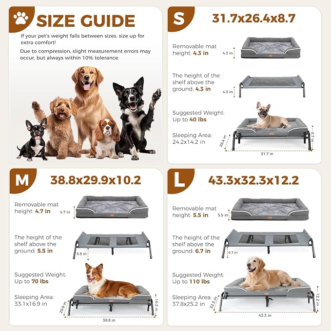Lekereise Outdoor Elevated Dog Bed,Raised Dog Beds for Large Dogs, Washable Dog Cot with Headrest Sides, Non-Skid Feet,Breathable Mesh,Cooling Pet Beds for Indoor or Camping