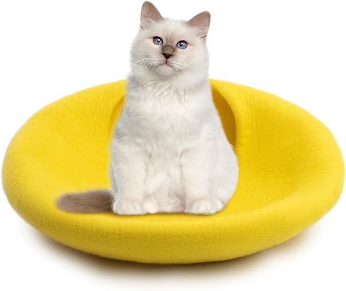 Luxurious Merino Wool Cat Cave - Foldable Hideaway Pod for Indoor Cats - Premium Felt Kitten Pet Enclosure - Covered Cat House for Ultimate Cozy Comfort by Woolygon (Yellow Plain)