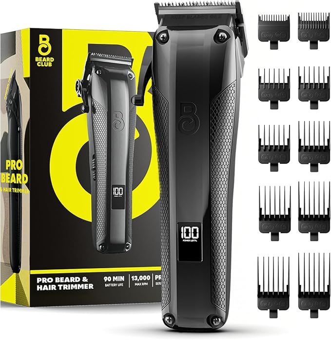 The Beard Club Pro Beard Trimmer for Men - Professional Men's Hair Trimmer for Barbers - Electric Cordless Rechargeable High Power 13,000 RPM - 10 Guides - Taper Lever - Diamond Like Carbon Blades