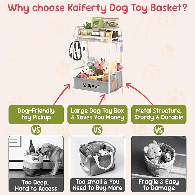Kaiferty Medium Dog Toy basket, Toy Box for Dogs, Pet Toys Bin Dog Metal Wire Basket for Toys, Food Storage, Storage Organizer Chest Storage, Toy Box for Living Room Area (White)