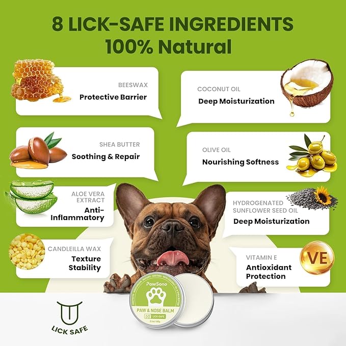 PawSono Lick-Safe Dog Paw & Nose Balm with Coconut Oil | All-Natural Moisturizer & Soother for Dry, Cracked Pads & Snout | Heat & Cold Pavement Protection Wax, Nose Butter for Bulldogs (2.1oz *2)