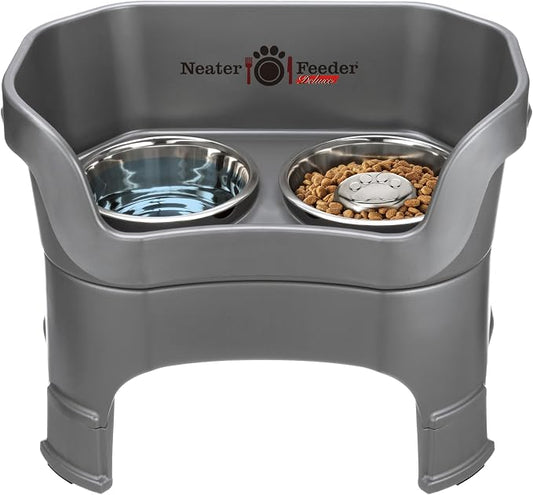 Neater Feeder Deluxe Mess-Proof Elevated Dog Bowls for Large Dogs (40+ lbs), 2 Height Adjustable (14.5” & 17.5”) No-Spill Raised Dog Bowl Stand w/Slow Feed Bowl for Food, Made in USA, Grey