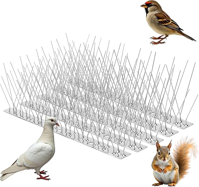 iFealClear 10 Pack Metal Bird Spikes for Keeping Small Birds, Woodpeckers, Squirrel Away, Heavy Duty Pigeon Spikes with Stainless Steel Base Cover 10.86 Feets for Outdoor Wall Fence, Easy to Install