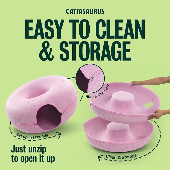Peekaboo Cat Cave Donut for Multiple & Large Cats up to 30-45 lbs, 3-in-1 Self Warming Cat Bed, Tunnel & Scratcher for Indoor Cats, Washable & Detachable Small Dog Bed (Pink, Jumbo)