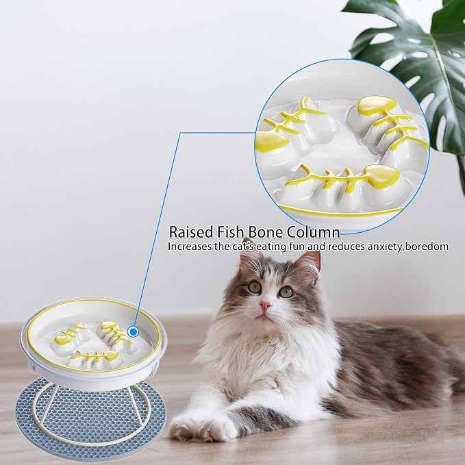 Raised Cat Dog Slow Feeder Bowl with Stand, Cat Slow Bowl for Wet Food and Dry Food, Stop Vomit and Choking, Slow Down Eating Speed, Ceramic Elevated Slow Cat Bowls, Whisker Friendly Pet Puzzle Feeder