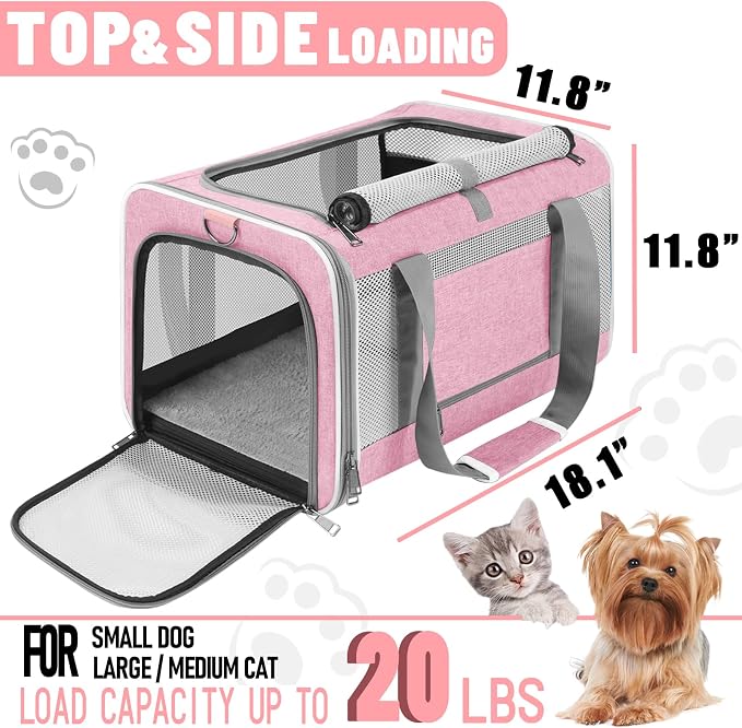 GAPZER Large Cat Carrier Soft, Collapsible Travel Pet Carry Bag, Small Dogs | Big Kitten Cat 20lbs Mainecoon, Top Open Travel Shih-Tzu Pet Kennel, Yorkie Small Dog 10 Pounds, 18x12x12, Durable Cloth Pink