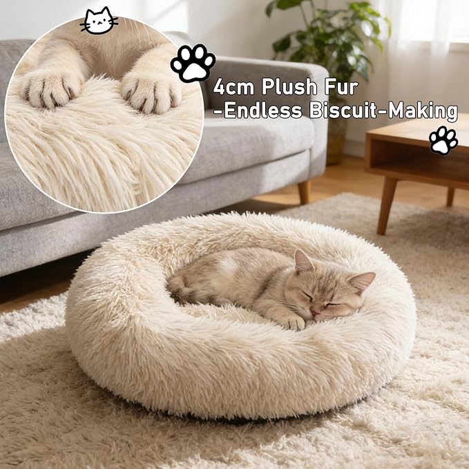 Calming Donut Dog Beds for Small Dogs Kitten - Washable Removable Cover Non-Slip Bottom, Round Pet Bed Puppy Bed Warming Fluffy Faux Fur Anti-Anxiety, Fits up to 15 lbs (Beige, 20")