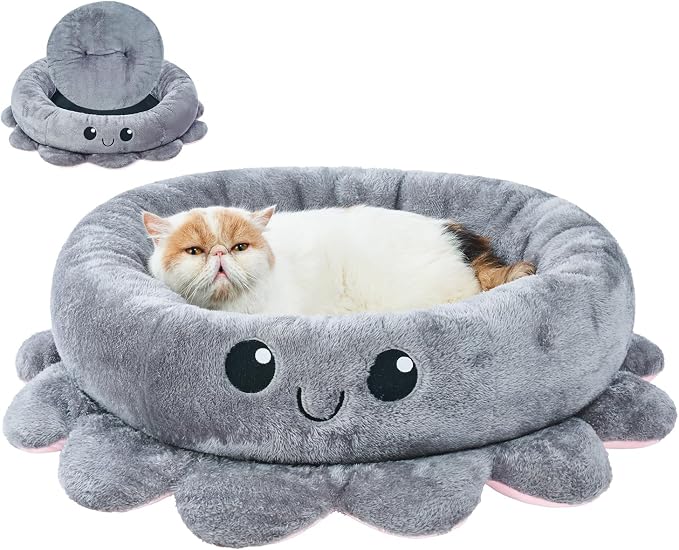Cute Calming Dog Beds Clearance for Medium Small Dogs, Anxiety Bolster Dog Bed with Octopus Shape, Grey, M, Boho, Round Pet Bed Cat with Removable Cushion