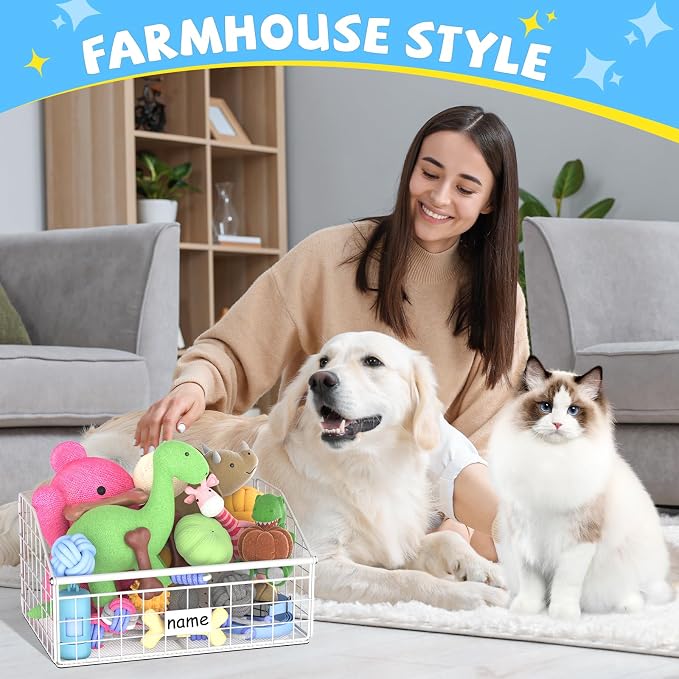 Kaiferty Indestructible Dog Toy basket, Small Toy Box for Dogs, Pet Toy Bin Dog Metal Basket for Toys, Dog Toy Storage, Dog Storage Organizer, Cat Dog Toy Box for Living Room Area (White)
