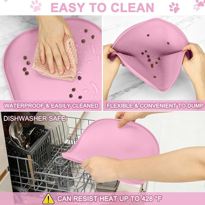 SMILOOL Waterproof Silicone Pet Food Mat with Raised Edge for Dog & Cat | 12" x 12" Non-Slip Small Pet Feeding Mats with Lip for Food & Water Bowl, Food Grade, Easy Cleaning, Pink