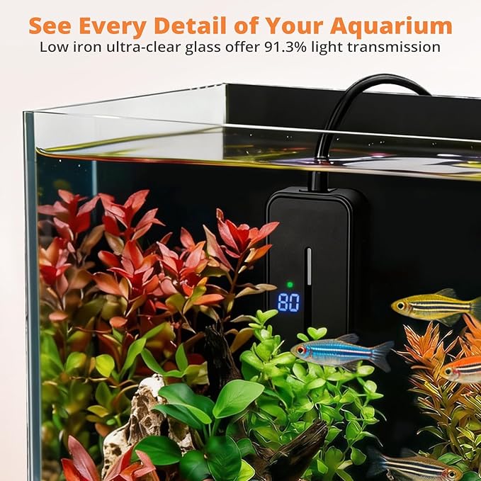 2.5 Gallon Small Fish Tank, Nano Aquarium with Heater, Ultra-Clear Glass, LED Light, Filter, Lid, Gravel and Rock, Desktop Beta Fish Aquarium Perfect for Shrimp, Snails or Live Plants