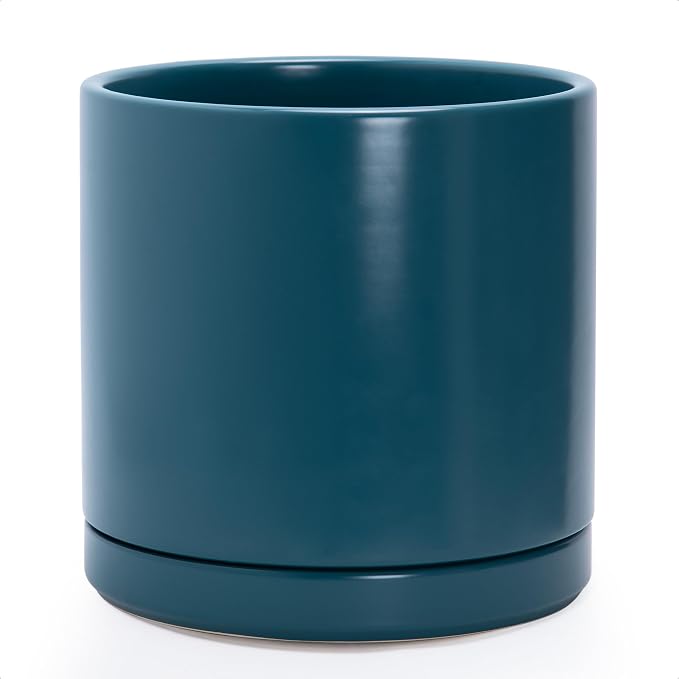 D'vine Dev 12 Inch Ceramic Planter Pot, Teal, 94-O-F-9 | Modern Cylinder Design, Drainage Hole & Saucer Included, Stable Structure, Elegant Home Accent