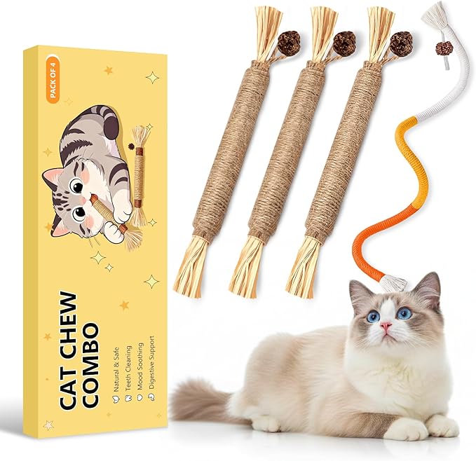 Cat Toys for Indoor Cats, 3 Pcs Silvervine Sticks with Gall Fruit & 1 Pc Cat Chew Rope for Teeth Cleaning, Interactive Cat Toys with Catnip, Kitten Chew Toys Teething for All Breeds Orange