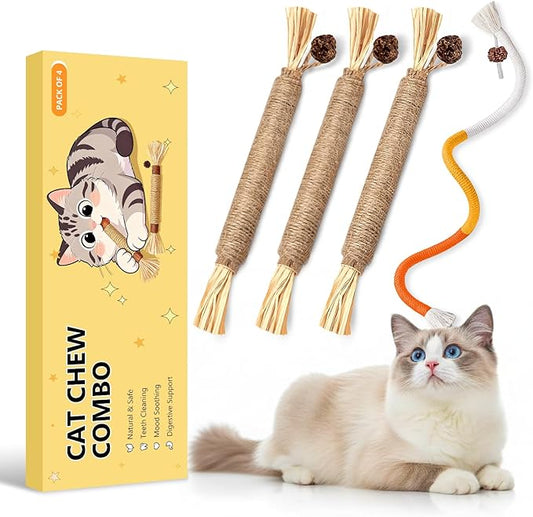 Cat Toys for Indoor Cats, 3 Pcs Silvervine Sticks with Gall Fruit & 1 Pc Cat Chew Rope for Teeth Cleaning, Interactive Cat Toys with Catnip, Kitten Chew Toys Teething for All Breeds Orange