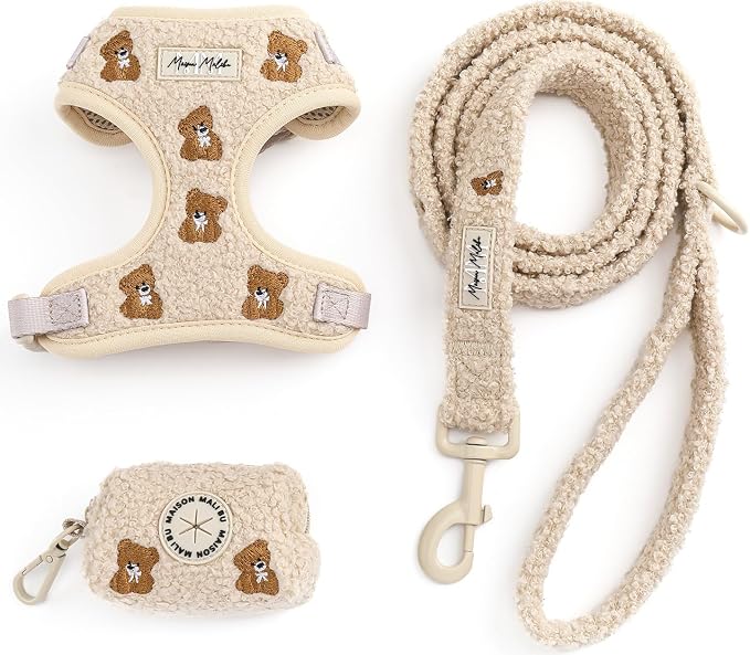 Embroidered Matching Dog Harness and Leash Set with Poop Bag – No Pull, Adjustable, Padded, Breathable Harness for Puppies, Extra Small Dogs, Small Dogs, and Medium Dogs (Medium)