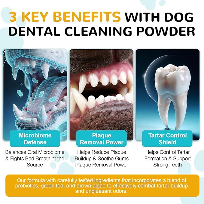 Dog Teeth Cleaning Powder, Dental Powder for Dogs Teeth Cleaning and Breath Fresh, Bad Breath Fresher & Tartar Remover with Enzyme, Probiotics. Plaque Off Pet Tooth Cleaning 120 Grams 60 Servings
