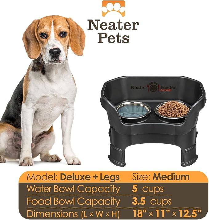 Neater Feeder Deluxe Mess-Proof Elevated Dog Bowls for Medium Dogs (19–40 lbs), 2 Height Adjustable (10” & 12.5”) No-Spill Raised Dog Bowl Stand, Stainless Steel Food Bowl Set, Made in USA, Black