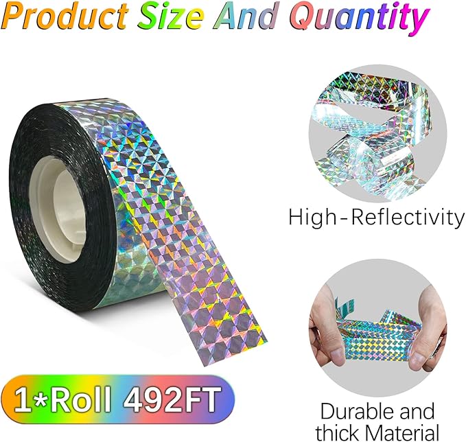 [492FT] Effective Birds Scare Ribbon, Reflective Flash Reflectors to Keep Pigeons, Hawks, Woodpeckers, Geeses Away from Trees Plants Crops
