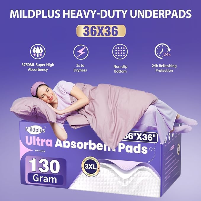 MILDPLUS Heavy Duty Underpad 36''x36'' (Blue or Purple) | 125 Grams, Extra Large Chucks Pads, Disposable Bed Pads, Super Absorbent Incontinence Pads for Adults, Kids, Pee Pads