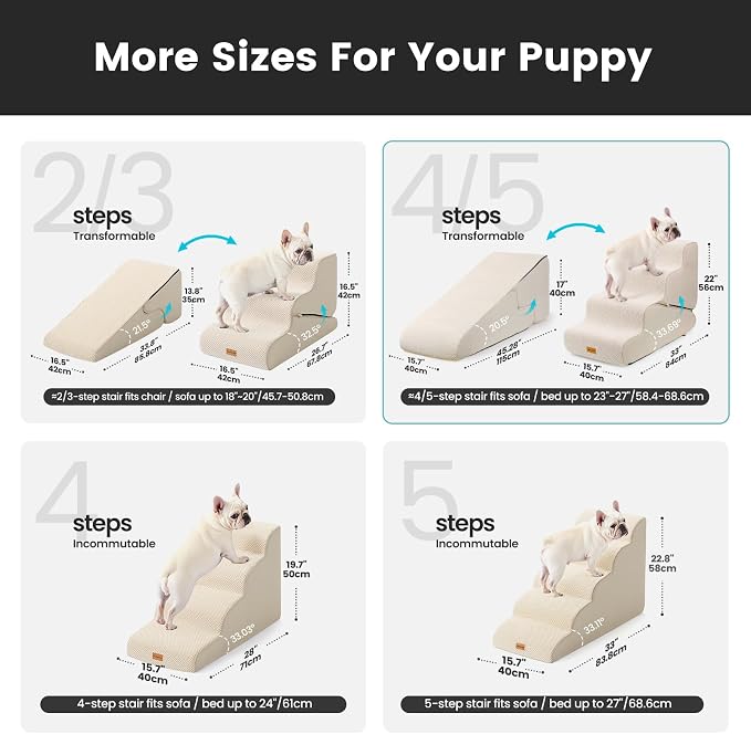 Gardner Pet Dog Stairs for Small Dogs 22" H, 2 in 1 Transformable 4-Step Pet Stairs and Dog Ramp for Couch Bed (23-27 in), Adjustable Pet Steps Beige