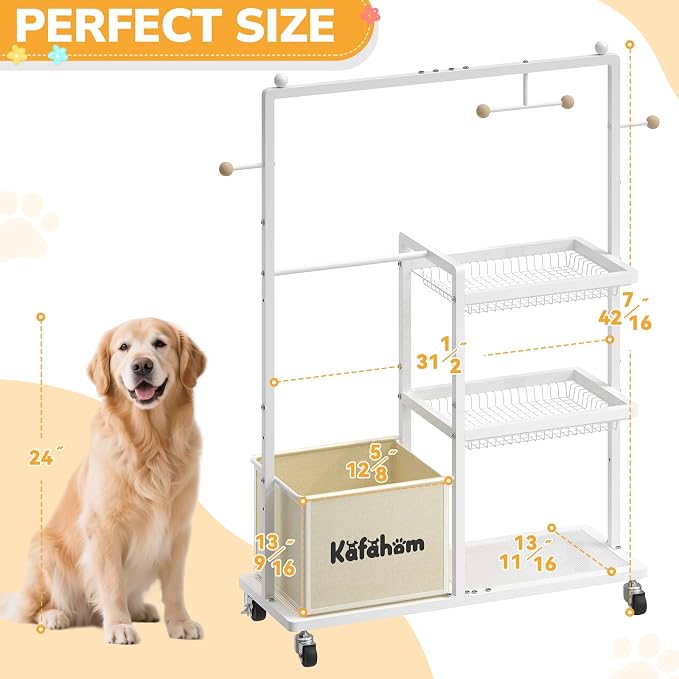 Dog Toy Basket, Basket For Dog Toys Living Room, The Stuff For Dogs, Cat Toy Box, Dog Toy Bin, Toy Chest Storage, All-in-One Pet Supplies Organizer with Leash Hanging Rail and Locking Casters