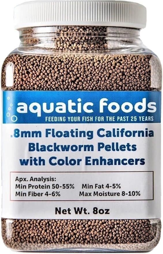 Aquatic Foods Inc. Blackworm Micro .8mm Floating Pellets with Color Enhancers & Vitamins for Discus, Guppies, Baby Cichlids, Baby Koi, Tetras, Live Bearers, All Tropical and Pond Fish...8oz Jar
