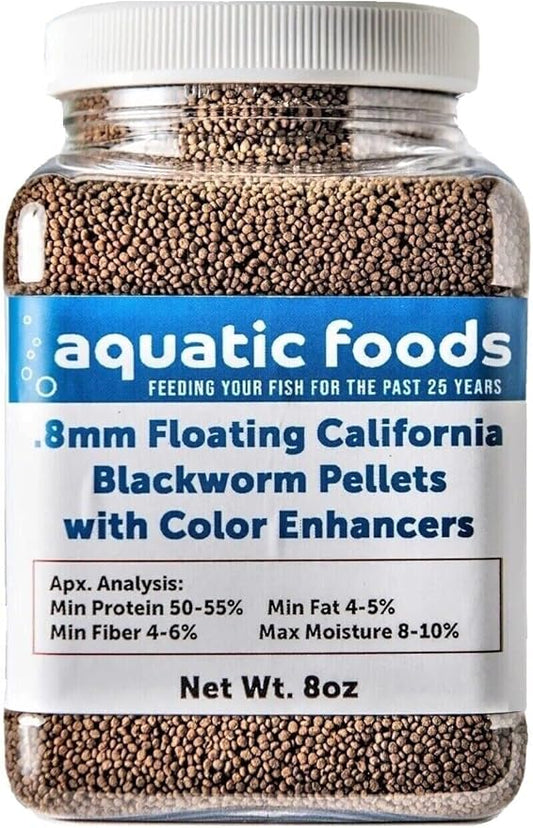 Aquatic Foods Inc. Blackworm Micro .8mm Floating Pellets with Color Enhancers & Vitamins for Discus, Guppies, Baby Cichlids, Baby Koi, Tetras, Live Bearers, All Tropical and Pond Fish...8oz Jar