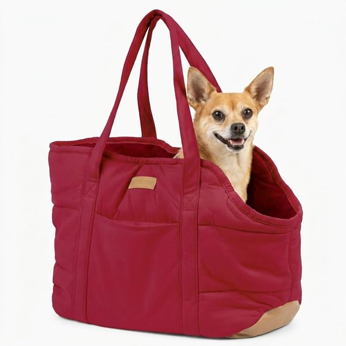 Plush Dog Purse Carrier for Small Dogs, Soft Dog Tote Bag with Safety Harness Clip, Cozy Pet Carrier for Dogs Under 15 lbs, Comfortable Dog Shoulder Carrier for Travel, Red