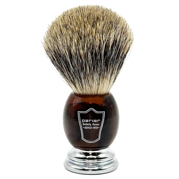 Parker 3-Band Pure Badger Shaving Brush with Faux Horn & Chrome Handle + Stand | 22mm Soft Knot for Dense Lather | Handcrafted Wet Shaving Brush for Cream or Soap | Long Loft
