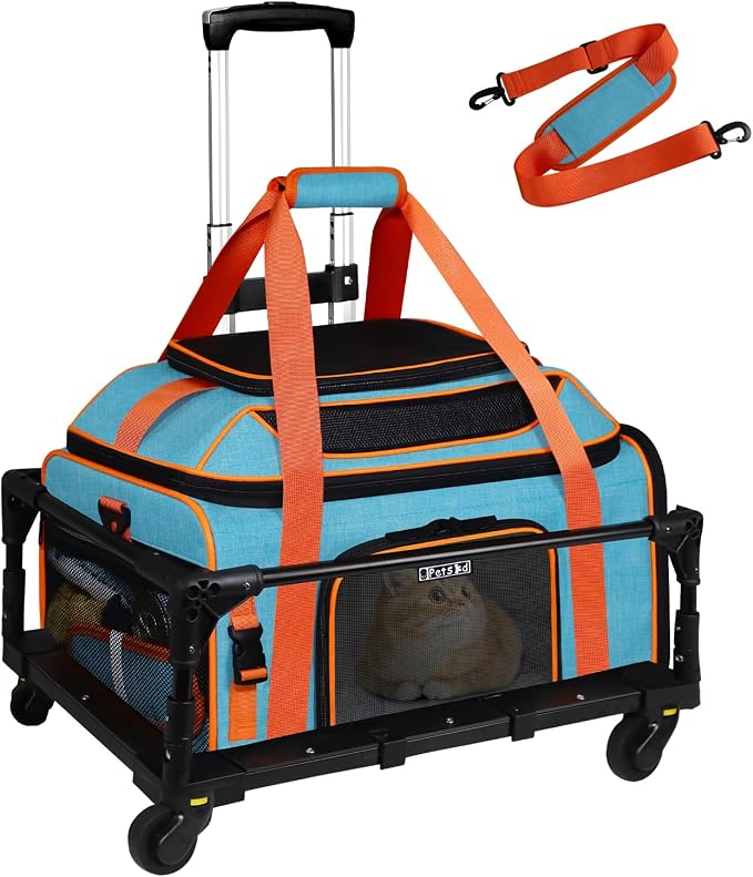 Top-Expandable Pet Carrier with Wheels Airline Approved, Blue | 19"L x 13"W x 9"H, for Southwest Allegiant Airlines, Lockable Safety Zippers and Anti-Scratch Mesh, Pets Under 12 Lbs