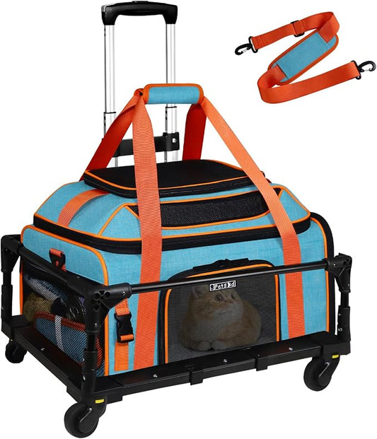 Top-Expandable Pet Carrier with Wheels Airline Approved, Blue | 19"L x 13"W x 9"H, for Southwest Allegiant Airlines, Lockable Safety Zippers and Anti-Scratch Mesh, Pets Under 12 Lbs