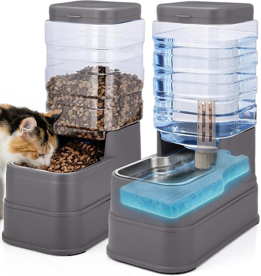 2 Pack Automatic Cat Feeder and Water Dispenser 1.3 Gallon Dog Gravity Food Feeder and Water with Ice Pack Stainless Steel Dry Food and Water Bowl for Small Medium Large Pets (Grey)