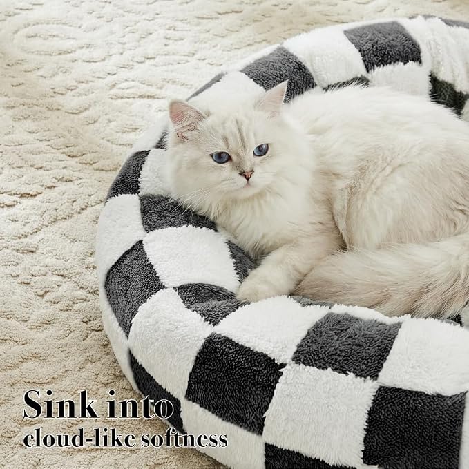 Ohocut Checkered Cat Dog Bed, Cute Black White Retro Style Aesthetic Round Warming Pet Calming Beds for Small Dog and Cats, Plush Cozy Donut Beds Washable, 23" L x 23" W x 8" Th